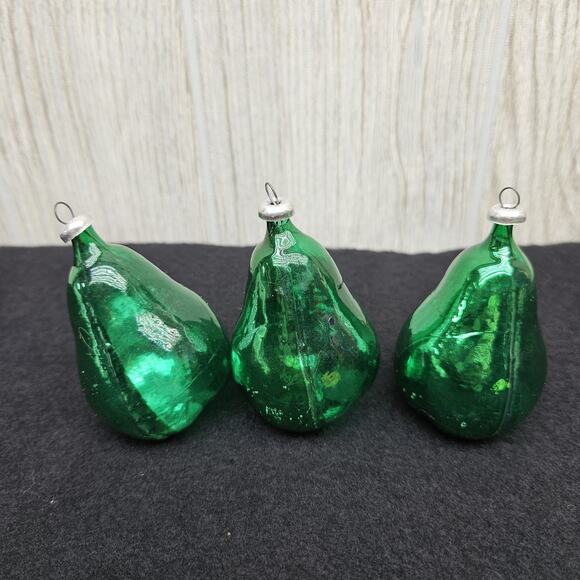 Vintage Green Blown Glass Pear Christmas Ornaments Lot Set of 3 Holiday Decor - Picture 2 of 7